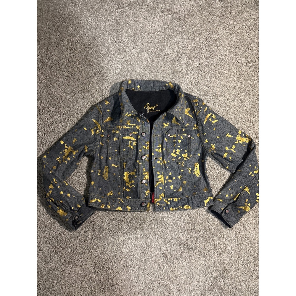 Johnny Blaze Flame Denim Gold Foil Splatter Crop Trucker Jacket Y2K reversible